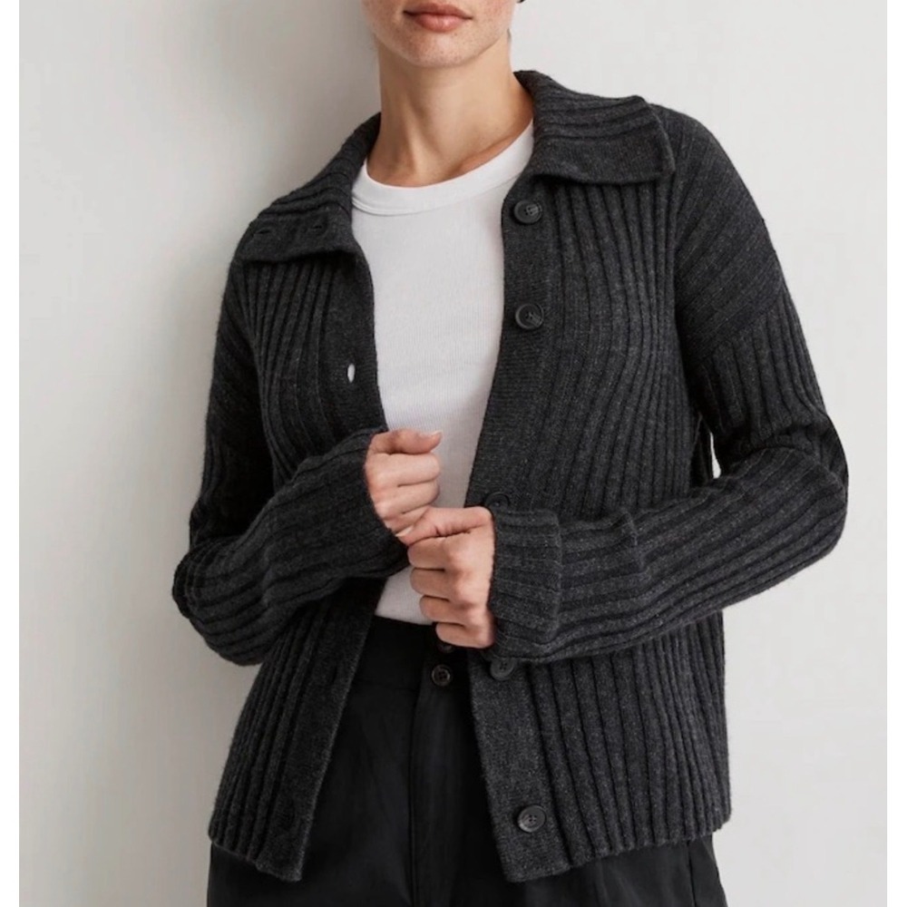 Madewell Cardigan Sweater Ribbed Button Front Wool Blend Charcoal Grey XL